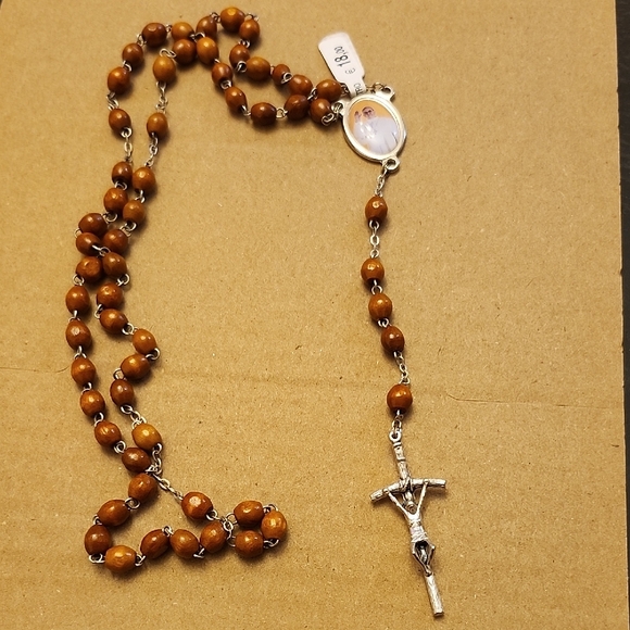 Jewelry - Wood Bead Rosary Necklace with Silver Crucifix